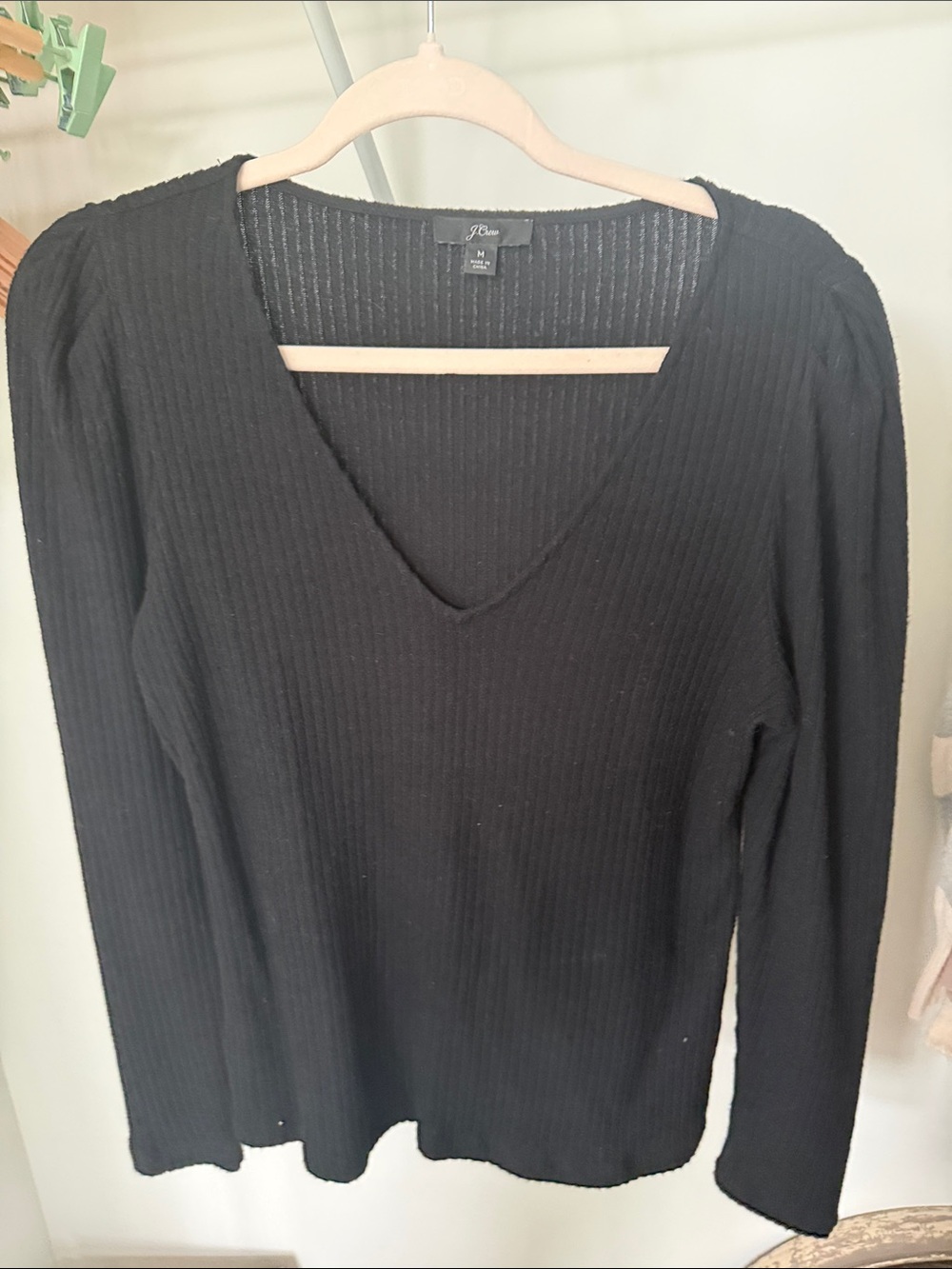 J. Crew Black Ribbed V-Neck Long Sleeve Top